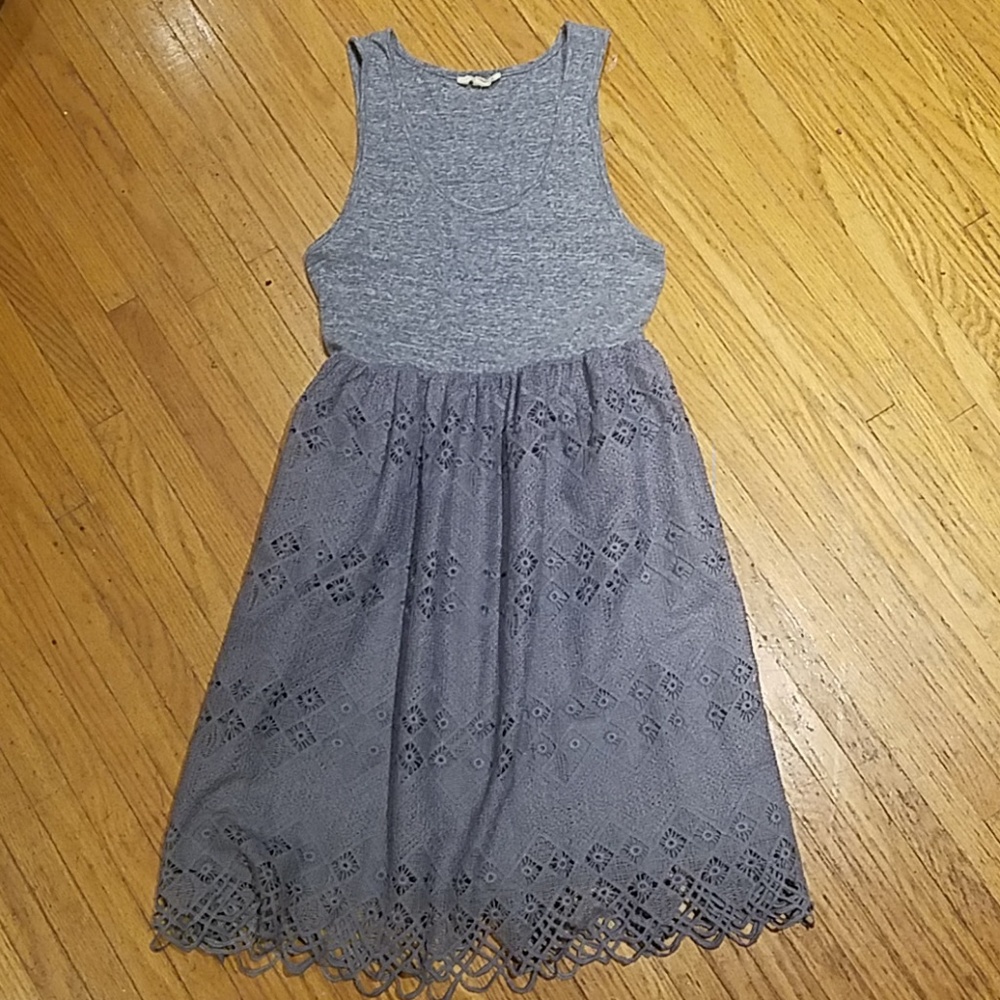 Grey crochet lace & ribbed tank dress
